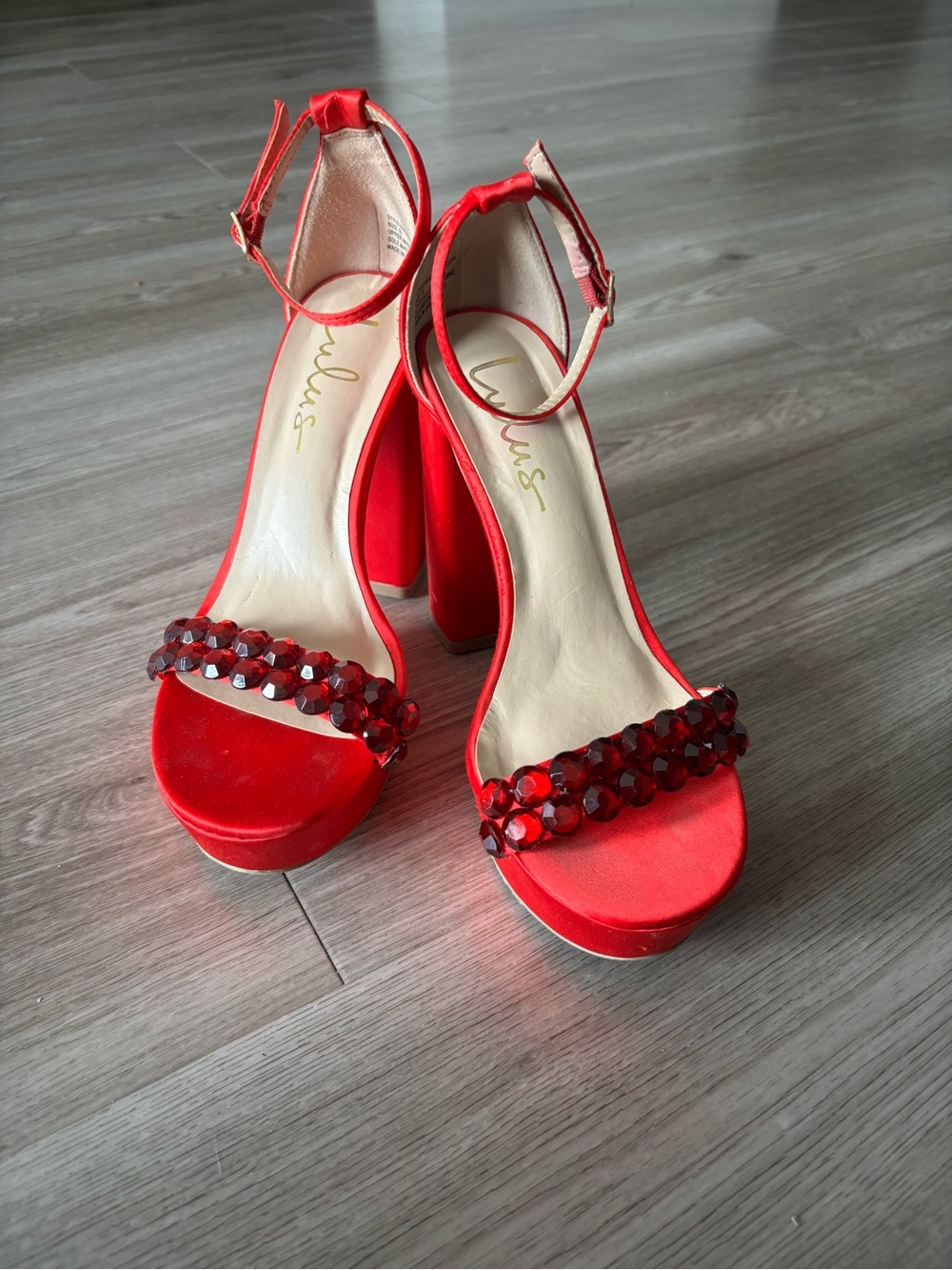 Lulu's Red Jeweled Platform Ankle-Strap Heels with Block Heel